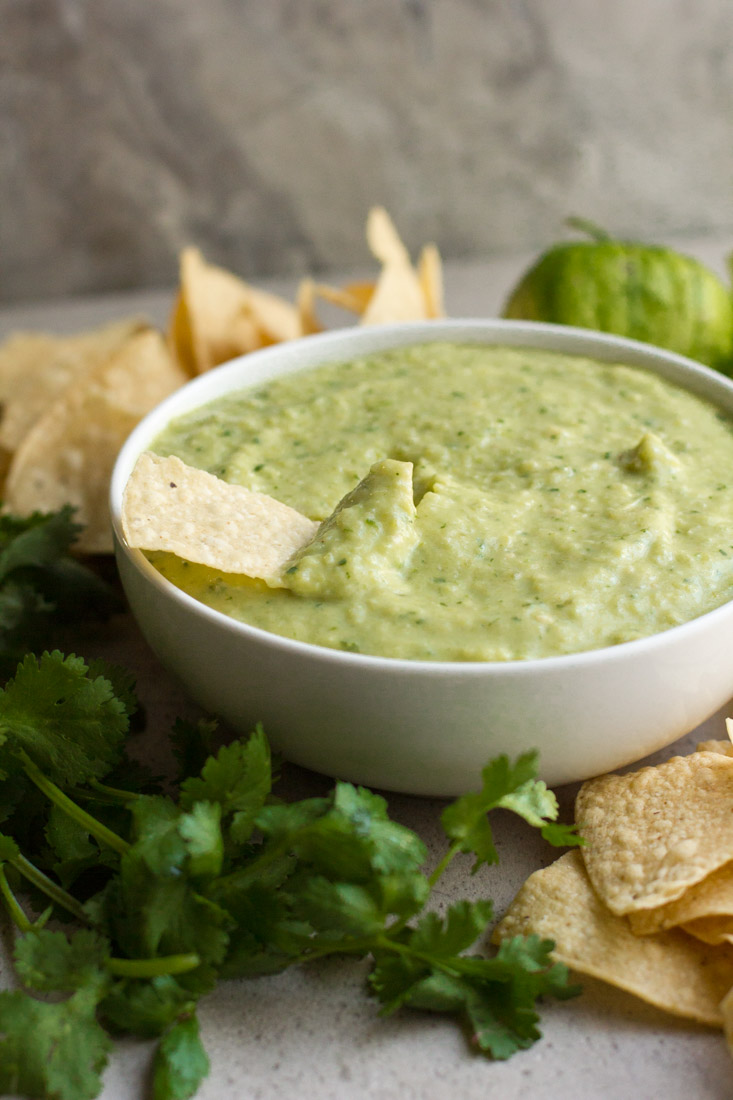 With tomatillos and avocados, this creamy, mild salsa verde is based on my favorite Tex-Mex restaurant recipe. It is sure to become a kitchen staple!