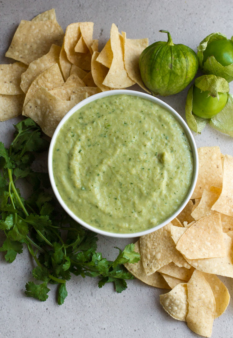 With tomatillos and avocados, this creamy, mild salsa verde is based on my favorite Tex-Mex restaurant recipe. It is sure to become a kitchen staple!