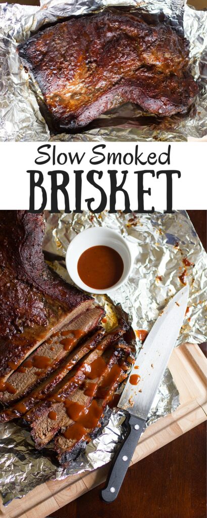 Savory brisket slow smoked on the grill, Texas style! All you need is salt, pepper and a big ol' hunk of meat.