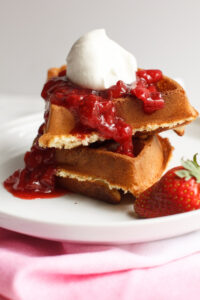 Fluffy Belgian waffles & strawberry syrup, with a heaping spoonful of homemade whipped cream! Great for breakfast in bed on special days, or we have suggestions for an awesome waffle bar to celebrate the return of Stranger Things!