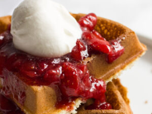 Fluffy Belgian waffles & strawberry syrup, with a heaping spoonful of homemade whipped cream! Great for breakfast in bed on special days, or we have suggestions for an awesome waffle bar to celebrate the return of Stranger Things!