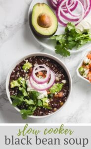 This slow cooker black bean soup is full of hearty Tex-Mex flavors and uses dried black beans that don't require soaking. Perfect hands-off recipe for fall, winter, cold weather months, or anytime you want to use a crock pot instead!