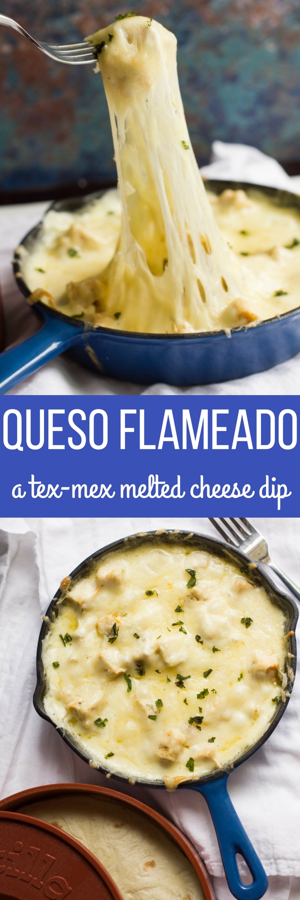 A delicious Tex-Mex appetizer, queso flameado is a warm bowl of cheese and meat served in tortillas.