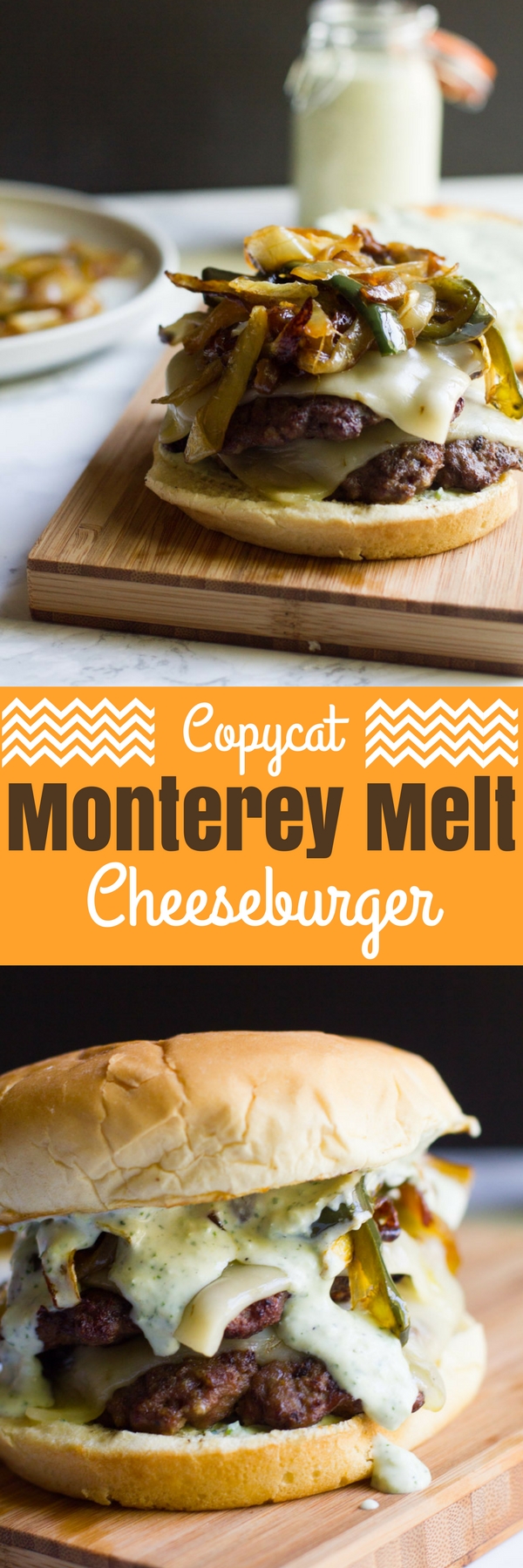 A copycat recipe of a fast food favorite: the Monterey Melt. It's a juicy burger piled high with cheese, grilled peppers and onions and jalapeno ranch.
