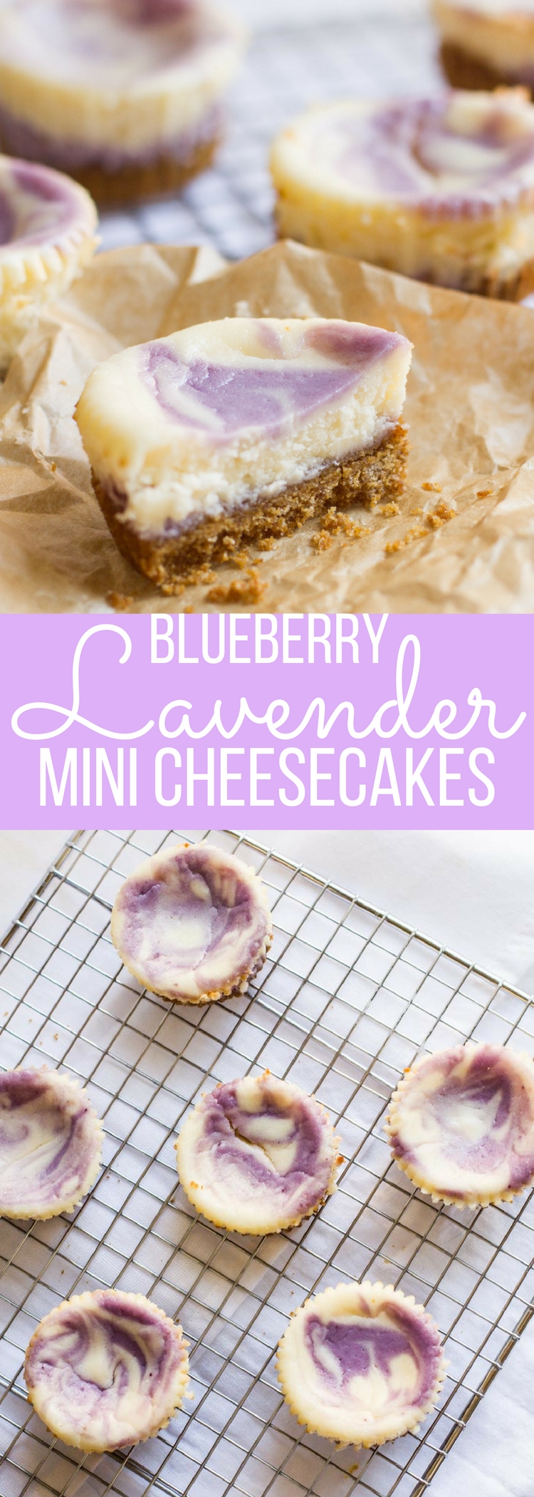 Blueberry Lavender Mini Cheesecakes are a cute addition to any springtime party. With a blueberry lavender swirl, they're light, fruity, floral and fun!