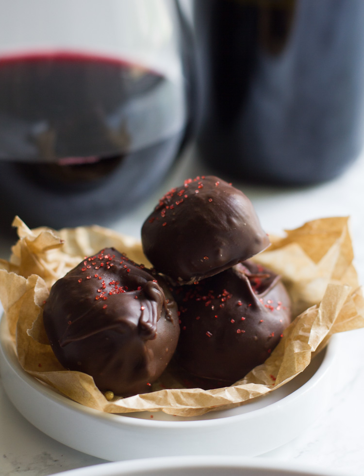 Red Wine Chocolate Truffles are the perfect elegant end to an evening. They are sweet and fruity with a complex red wine flavor.