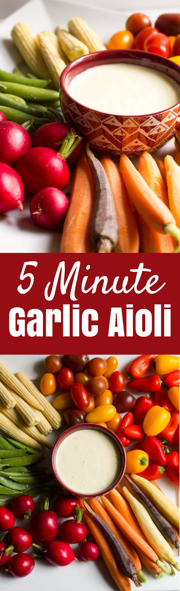 This 5 minute garlic aioli is super easy and flavorful. Perfect as a dip for veggies and fried potatoes or a spread for sandwiches.