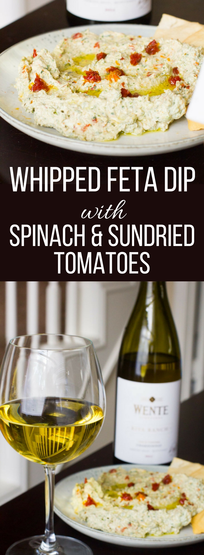 MSG 4 21+ This whipped feta dip with spinach and sundried tomatoes is the perfect party dip for a small or large gathering and pairs wonderfully with a glass of white wine. #ad