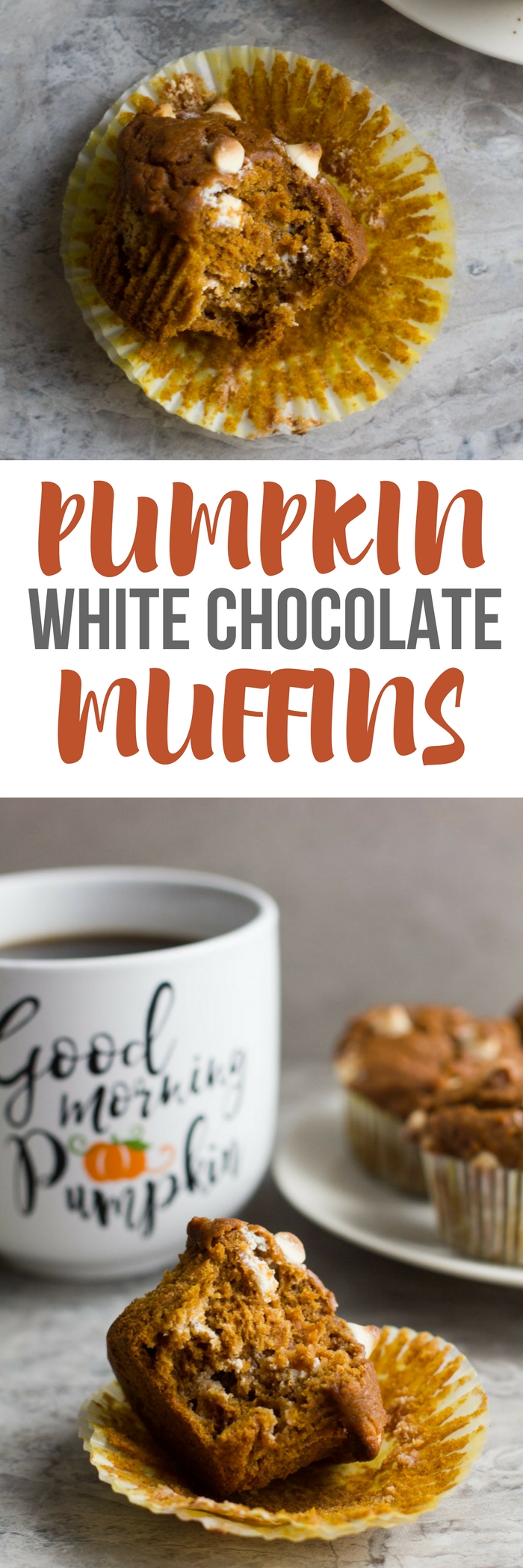 Pumpkin White Chocolate Chip Muffins. Delicious bakery style muffins with flavors of pumpkin spice and white chocolate chips. The perfect fall breakfast!