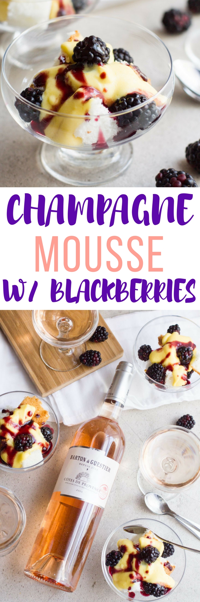 Champagne mousse, or sabayon, is a fast and light dessert served atop angel food cake and topped with blackberries. The perfect light, yet flavorful dessert to be enjoyed in the fall or year round! #ad
