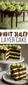 This Mint Julep Layer Cake is a delicous, moist chocolate bourbon cake with a mint swiss buttercream and chocolate ganache drip. Perfect for Derby Day or anyone that loves mint juleps!