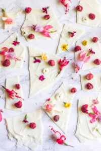 white chocolate bark with edible flowers and dried fruit