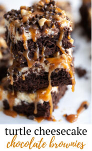 Thick, cakey and delicious Turtle Cheesecake Brownies have a dense, chocolately brownie layer, a sweet cheesecake layer and lots of caramel, chocolate and walnuts or pecans!