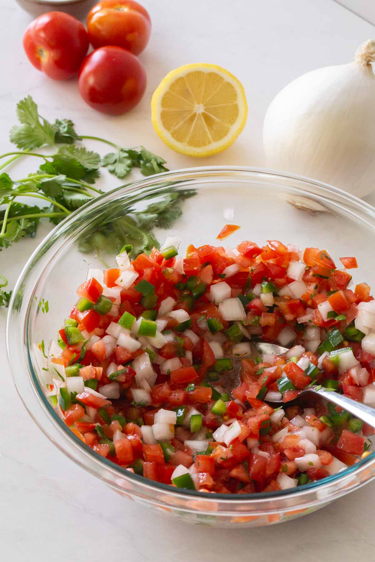 Clear bowl with salsa, pico de gallo, with fresh cilantro, tomatoes, onion and lemon in the background