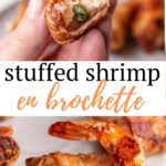 Stuffed Shrimp en Brochette is butterflied shrimp stuffed with jalapeno and cream cheese, wrapped in bacon and grilled to perfection. These are great to serve with BBQ and fajitas!