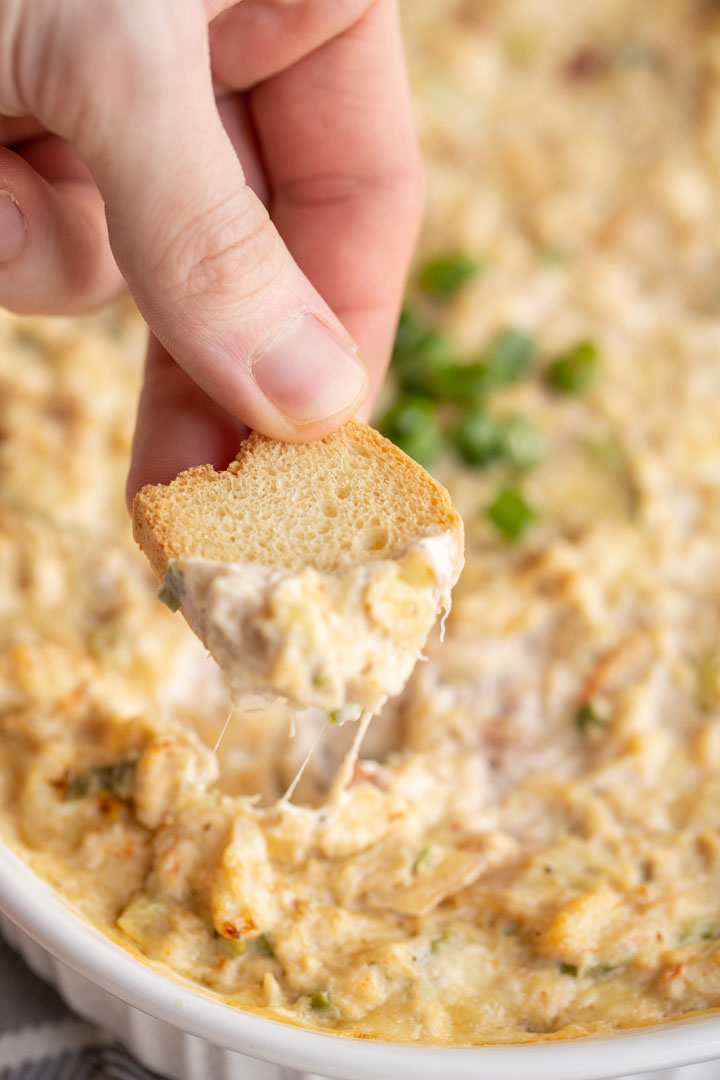 hot crab dip being scooped up with a crisp