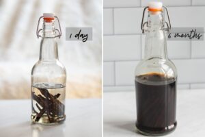 two photos showing vanilla extract on day 1 and 6 months