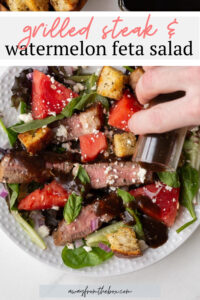 AD: The recipe for this bright and refreshing salad includes grilled tri tip steak, watermelon, red onion, feta cheese, basil, mint and a delicious balsamic vinaigrette. Perfect for serving at summer dinner parties!